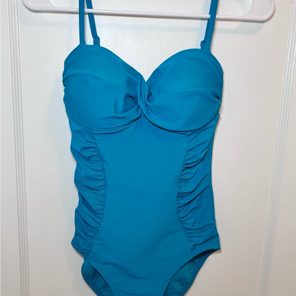 Old Navy NWT Teal Blue One Piece Swim Suit Side Ruching Twist Detail Womens XS